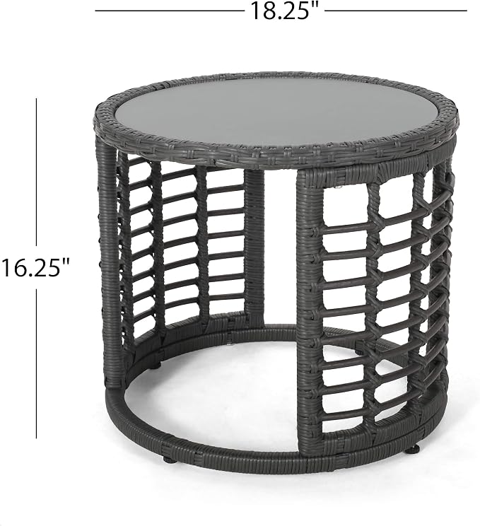 GDFStudio Outdoor Modern Boho Wicker Side Table with Tempered Glass Top, Gray