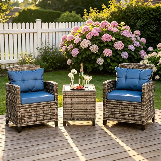 JAMFLY 3 Piece Wicker Patio Furniture Set - Outdoor Rattan Conversation Set with Soft Cushions & Glass Coffee Table for Balcony, Porch, Small Backyard - All Weather Blue Bistro Set, Blue