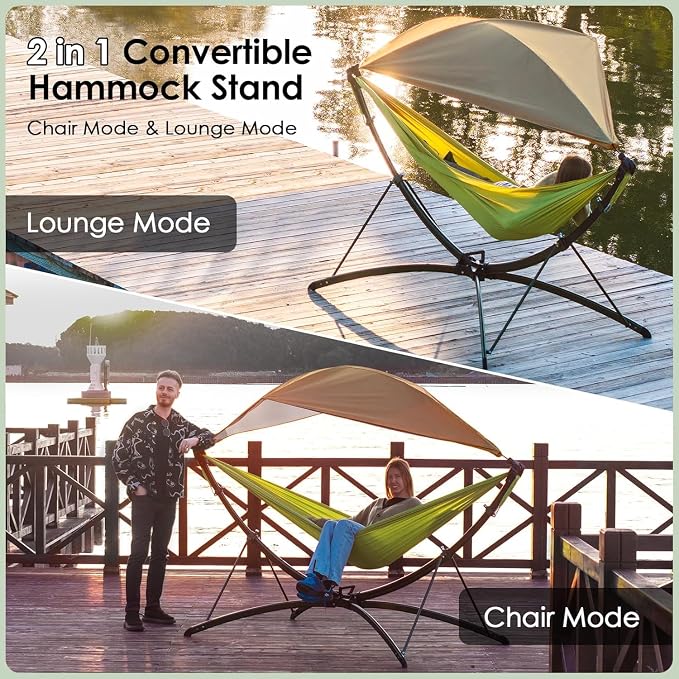 Portable Outdoor/Garden Hammock with Folding StandStand, Adjustable Sunshade Canopy and Storage Bag, Adult/Child Hammock Chair for Camping, Home Gardens, Hotels, Beaches,Forest (Green)