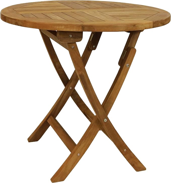Sunnydaze Round Folding Solid Teak Outdoor Dining Table - Light Wood Stain Finish - 31 Inches