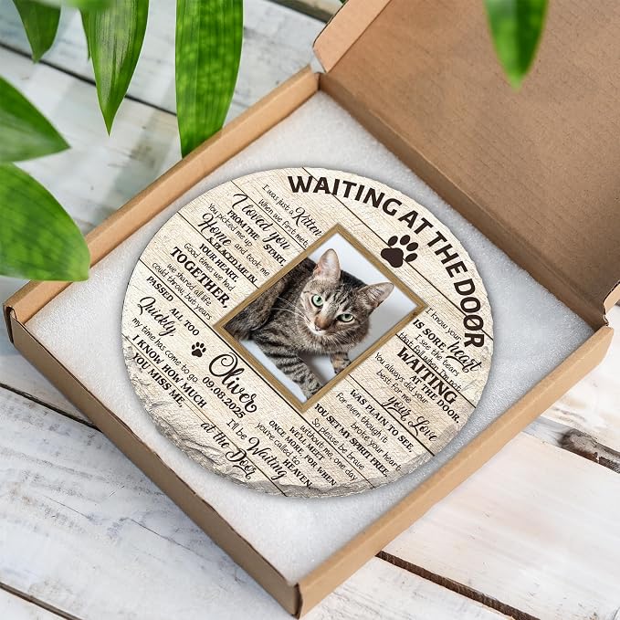 Personalized Pet Memorial Garden Stone for Dogs - Waiting at The Door Dog Memorial Natural Stone with Photo, Condolences Sympathy Gift for Dog Lovers, Pet Loss Gifts, Waterproof for Indoor & Outdoor