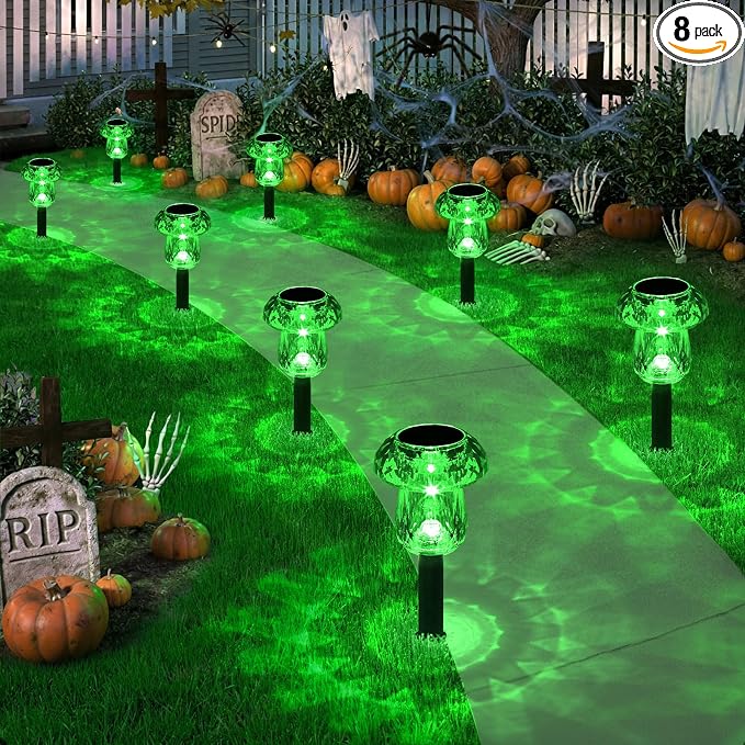 Solar Halloween Lights Outdoor 8 Pack Green Garden Mushroom Decor | LED Waterproof Halloween Decorations Outdoor for Pathway Yard Outside Driveway Walkway Landscape Path Lighting, Auto On/Off