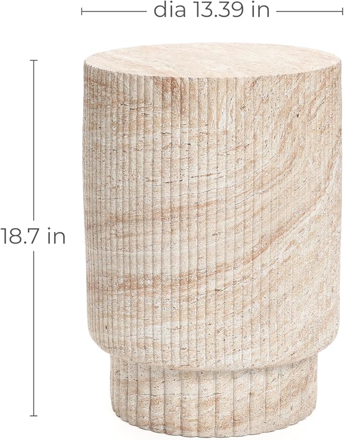 LuxenHome Outdoor Accent Side Table, 18'' Travertine-Style Outdoor Furniture, Round with Ribbed Cement End Table for Patio Backyard Balcony, Modern Coffee Furniture Gift