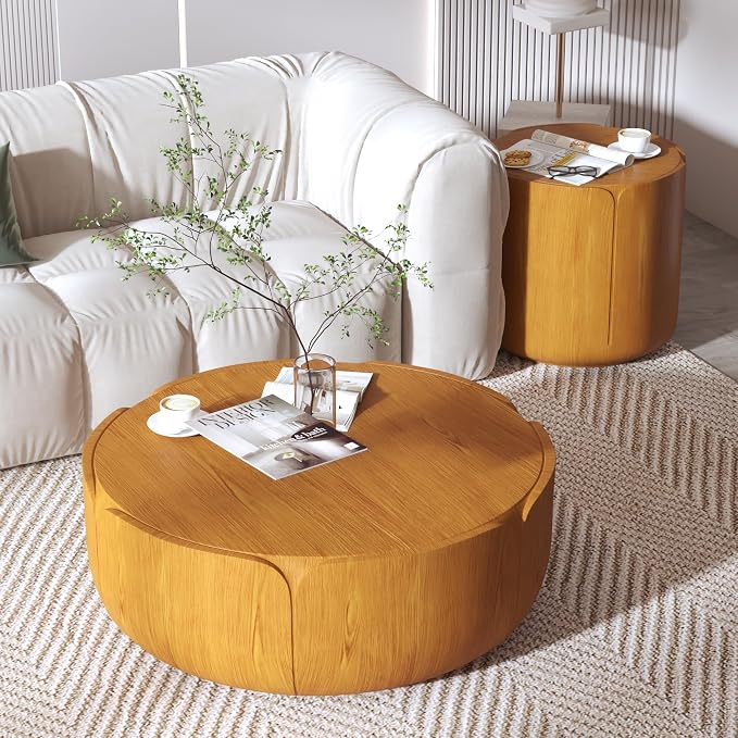 36" Round Coffee Table with 20" Round Side Table Set, Waterproof Sturdy MGO Wood Texture Grain Drum Outdoor Tables Set for Patio Garden Backyard Living Room, No-Assembly, Natural and Brown