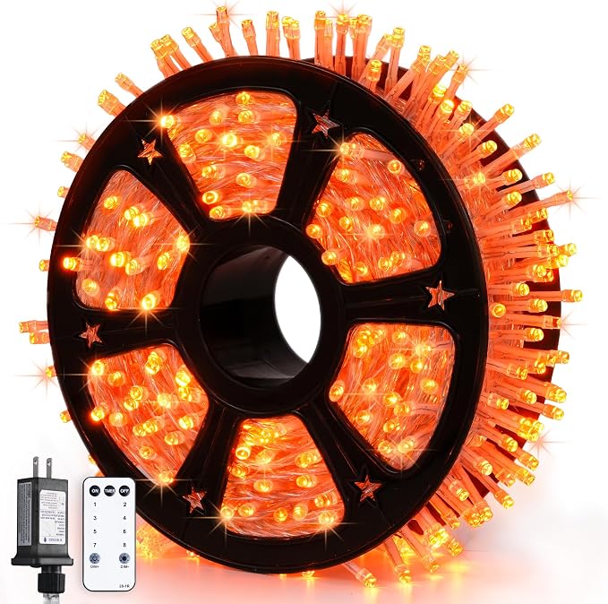 JMEXSUSS Orange String Lights for Halloween, 600 LED Fall Lights Outdoor | Orange Christmas Lights Plug in with Remote, Thanksgiving Day Lights Clear Wire for Indoor Room Yard Tree Fall Decor