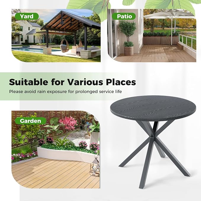 34” Round Dining Table, 4 Person Kitchen Table with Wood-Like Tabletop & X-Shaped Metal Frame, Indoor-Outdoor Coffee Table for Backyard, Balcony, Poolside, Garden, Lawn