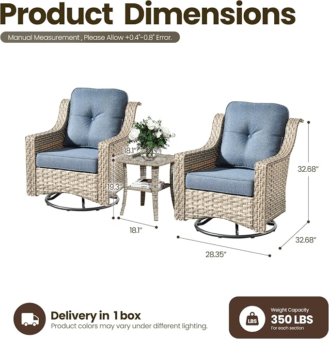 3 Piece Patio Furniture Set, Outdoor High Back Swivel Rocker Chairs Set of 2 with Side Table, All Weather Wicker Glider Chair with Thick Cushions for Backyard Balcony Porch, Denim Blue