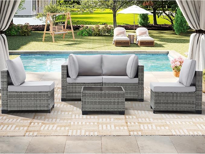 CANMOV 5 Pieces Patio Furniture Sets, All Weather Outdoor Patio Conversation Set, Wicker Rattan Sectional Sofa Couch with Glass Coffee Table, Washable Cushions for Backyard Garden, Porch, Light Grey