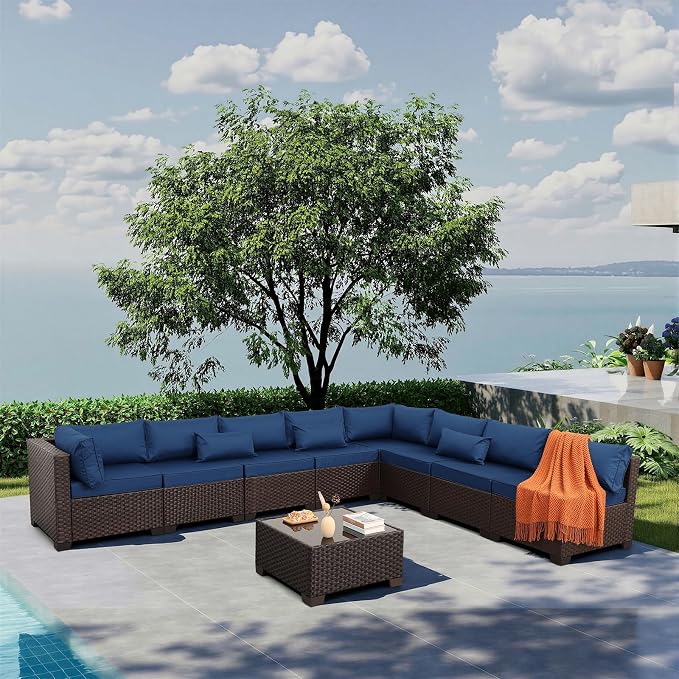 Rattaner 9 Pieces Outdoor Sectional All-Weather HDPE Brown Wicker Patio Furniture Set Patio Sectional and Glass Patio Table Non-Slip Cushions and Waterproof Covers, Navy Blue