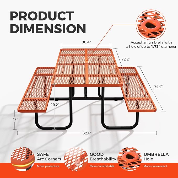 72 Inch Heavy Duty Picnic Table for Outdoors, Rectangular Camping Table with Benches and 1.78" Umbrella Hole, Commercial Grade Steel Frame, 2200 lbs Load Capacity, Orange
