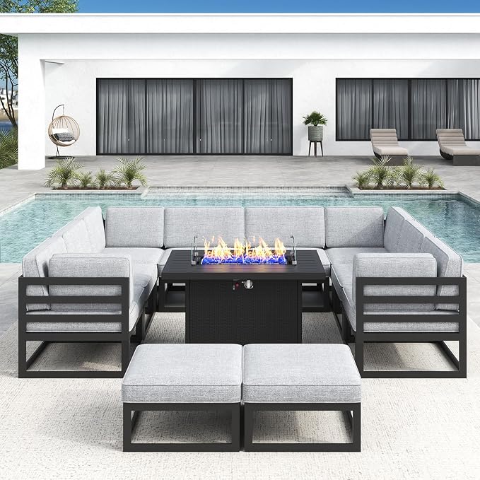 LayinSun Large Aluminum Patio Furniture Set with Fire Pit Table, 11 Pieces Modern Outdoor Conversation Set Sectional Metal Sofa Set with Olefin Cushion