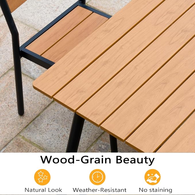 7-Piece Outdoor Dining Set for 6 Person with Teak Wood-Grain Top | Armless Stackable Chairs with 19.4" Seat Depth, Aluminum Frame Dining Furniture with Umbrella Hole for Deck, Porch & Backyard