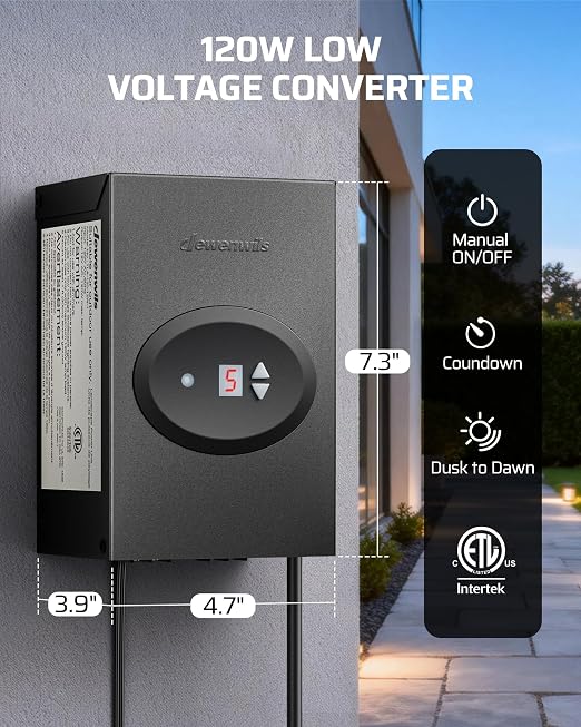 DEWENWILS 120W Low Voltage Landscape Transformer, Outdoor Transformer with Timer and Photocell Sensor, 120V AC to 12V AC, Weatherproof, for LED Lighting, Spotlight, Pathway Light, ETL Listed