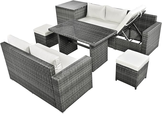Outdoor 6-Piece All Weather PE Rattan Sofa Set, Garden Patio Wicker Sectional Furniture Set with Adjustable Seat, Storage Box, Removable Covers and Tempered Glass Top Table, Beige