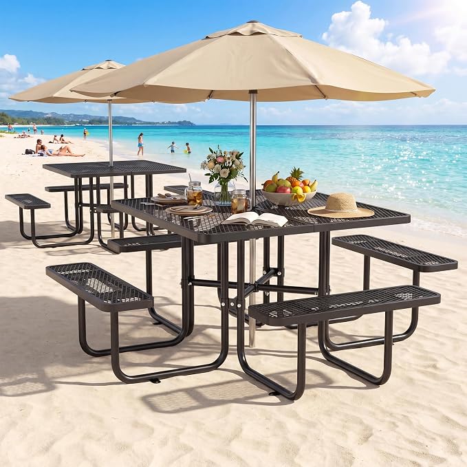 46" Square Metal Picnic Table with 1.73" Umbrella Hole, Commercial Steel Picnic Table, Heavy Duty Picnic Tables with Benches for Outdoor Garden Courtyard BBQ, Black