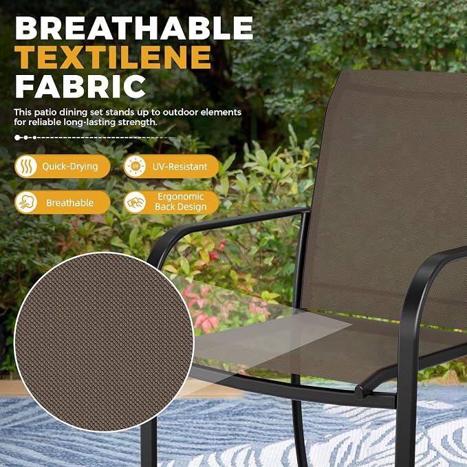 SUNCROWN 6 - Piece Outdoor Dining Set, Patio Furniture Set with 4 Textilene Dinning Chairs, 1 Steel Slat Metal Bistro Table and 1 Brown 9Ft Patio Umbrella for Lawn Garden Backyard Deck, Brown