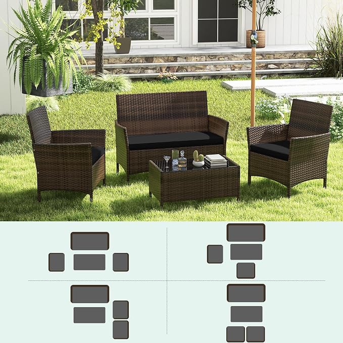 ORALNER 4 Pieces Patio Furniture Set, Rattan Chairs Loveseat with Soft Cushion and Glass Table, Outdoor Wicker Conversation Set for Balcony Garden Backyard Porch Poolside (Black)