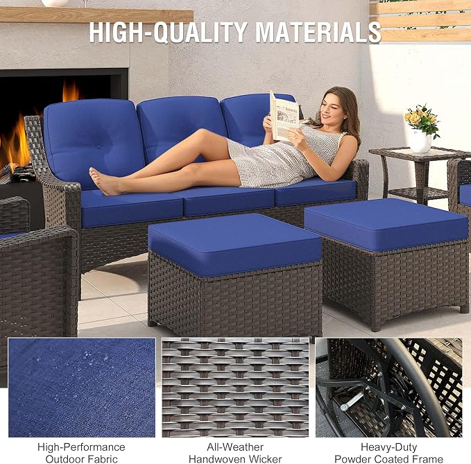 7-Piece Patio Furniture Set Includes Fire Pit Table Outdoor Furniture Combination Rattan Swivel Chair Rattan Sofa with Coffee Table Suitable for Gardens, Patios, and Poolside (Blue)