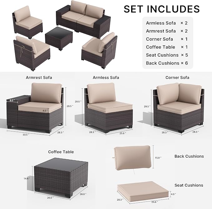 Gotland 6 Pieces Patio Furniture Set with 1 Coffee Table, 5 Seater Rattan Outdoor Sectional with Wide Armrests 29.5'' High Backrest Thick Waterproof Cushions, Conversation Sets for Deck Garden Khaki