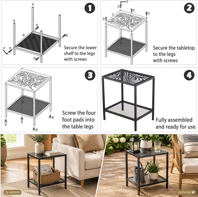 2-Tier Metal Side Table Rectangle Small End Table with Storage Shelf Laser-Cut Leaf Pattern Accent Table Indoor Outdoor Small Space Coffee Table for Living Room, Bedroom, Patio, Plant Stand, Black