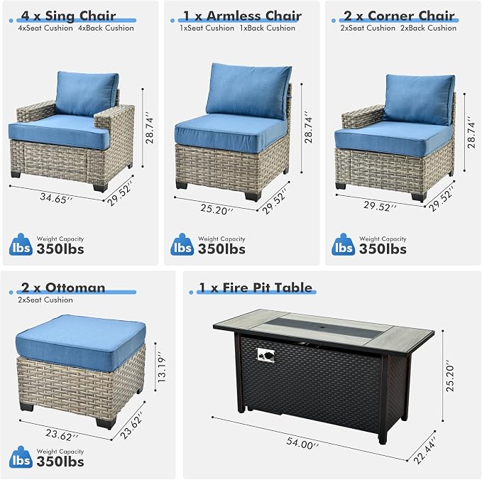 10 Pcs Outdoor Sectional Patio Furniture Set with Fire Pit Table - All Weather Wicker Modular Outside Sectional Couch,Patio Seating Outdoor Conversation Sets for Deck Yard Garden,Blue