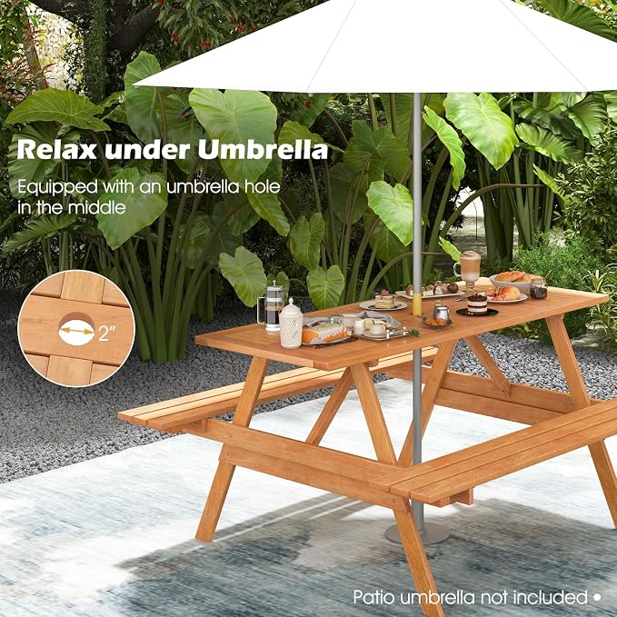 Tangkula Picnic Table with 2 Benches, Outdoor Wood Picnic Table Bench Set with 2-Inch Umbrella Hole, Slatted Tabletop & Seat, Outside Table and Bench Set for Garden, Backyard, Porch, Patio