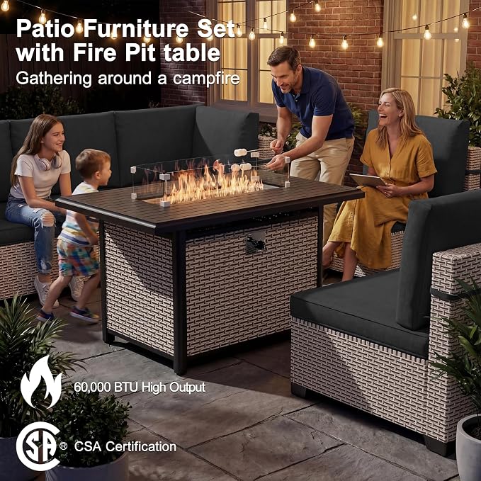 Patio Furniture Set, 8-Piece Outdoor Sectional Sofa with 60,000 BTU Fire Pit Table & 2-Layer Glass Coffee Table, Wicker Patio Conversation Set with Black Cushions