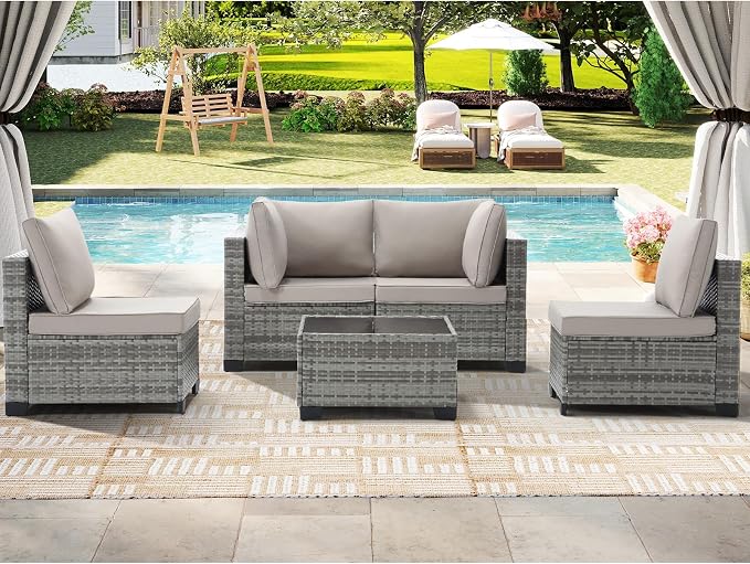 CANMOV 5 Pieces Patio Furniture Sets, All Weather Outdoor Patio Conversation Set, PE Wicker Rattan Sectional Sofa Couch Glass Coffee Table Washable Cushions for Backyard Garden, Poolside, Khaki