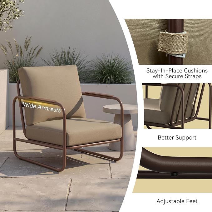 3 Piece Outdoor Chair Set with Side Table, 2 Patio Accent Chairs & Coffee Table, Sturdy Aluminum Frame, 6" Thick Cushions, 24" Wide Seat, All-Weather for Porch Deck Backyard, Brown