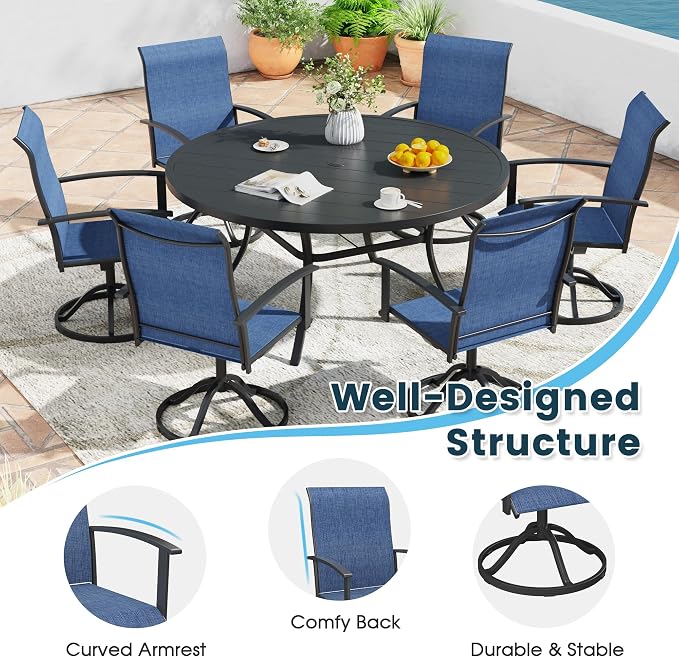 9 Pieces Outdoor Patio Dining Set, 70.9" All Weather Rectangle Metal Table with Umbrella Hole and 8 High Back Textilene Swivel Chairs for Garden, Lawn, Poolside, Black Table&Blue Chairs