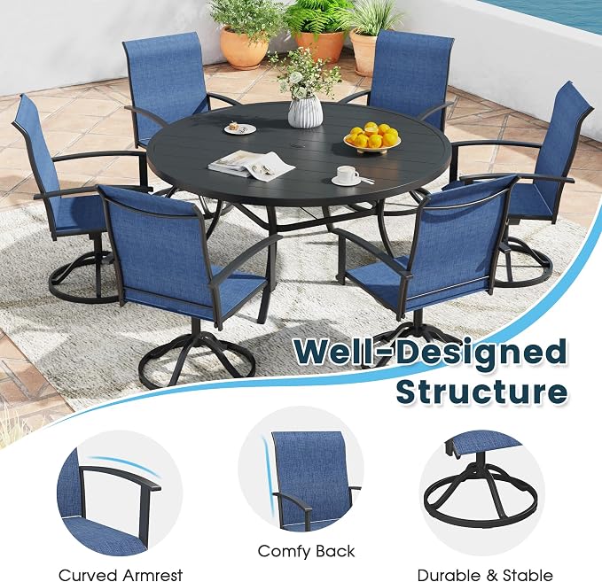 7 Pieces Outdoor Patio Dining Table Set, 50" All Weather Round Metal Table with Umbrella Hole and 6 High Back Textilene Swivel Chairs for Garden, Lawn, Poolside, Black Table & Blue Chairs