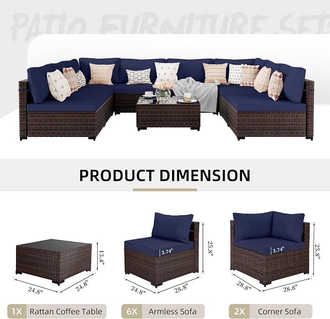 UPHA 9 Pieces Patio Furniture Sets, Wicker Outdoor Sectional Sofa Couch with Coffee Table, Patio Conversation Set for Deck Backyard Garden, Brown Rattan, Navy Blue Cushion