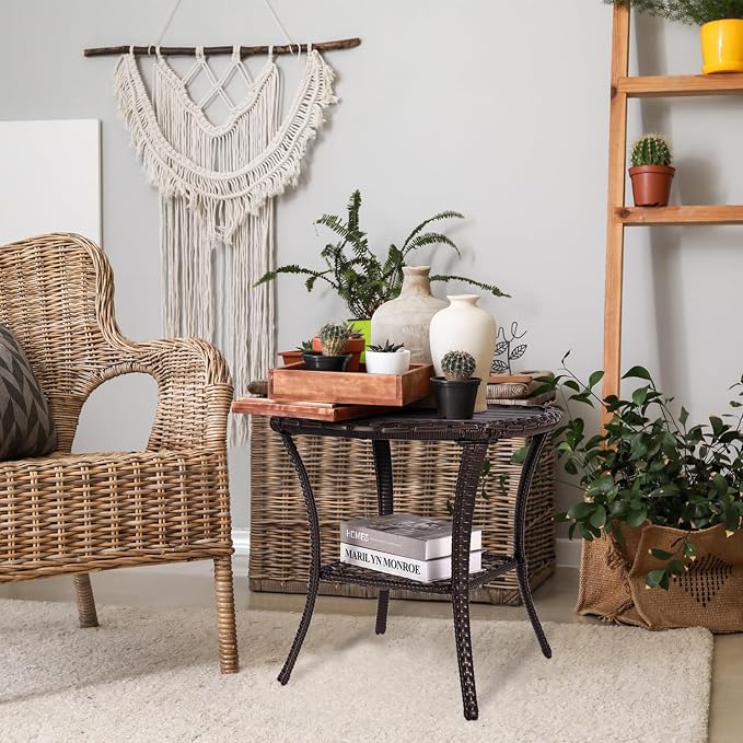 Outdoor Patio Side Table Small Brown Wicker Rattan End Table for Outside Storage Coffee Table with Poly Lumber Table Top for Garden Lawn Pool Porch Deck