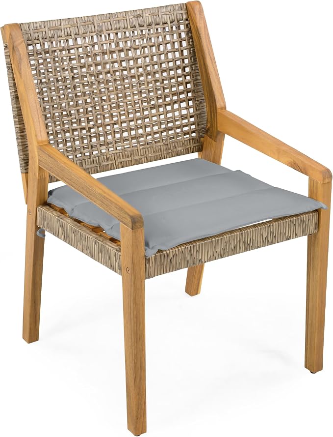 Christopher Knight Home Samma Acacia Wood Outdoor Dining Set for 4, Patio Dining Table Set for 4, Outdoor Dining Table and Sled Base, Dining Chairs with Cushion + Wicker Backrest, Teak+Brown+Grey