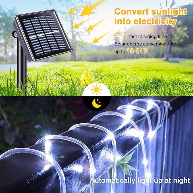 JMEXSUSS 66ft 200 LED 8 Modes White Solar Rope Lights for Pool | Solar Pool Lights Outdoor Waterproof, Solar Powered Christmas Lights for Fence,Gazebo,Yard,Walkway,Path,Garden Decor(White)