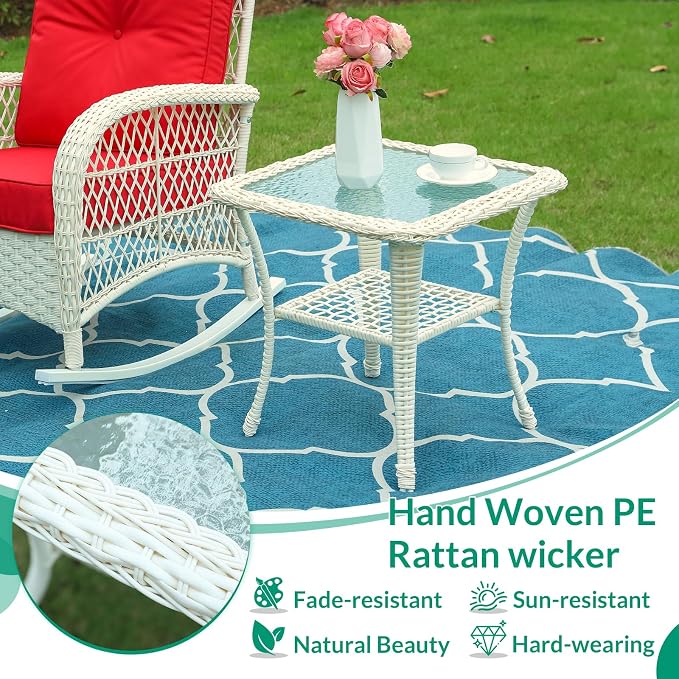 VIVIJASON Outdoor Wicker Side Table, All-Weather Rattan Patio Side Table Bistro Table with 2-Tier Storage, Tempered Glass Top Square End Table for Indoor, Balcony, Garden, Porch, Deck, Cream White