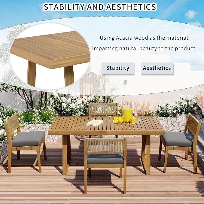 VilroCaz 5 Pieces Patio Dining Set, Acacia Wood Dining Table and Chair Set, All-Weather Outdoor Conversation Set Gathering Set with Thick Cushions for Garden Backyard Balcony (Gray+Acacia5)