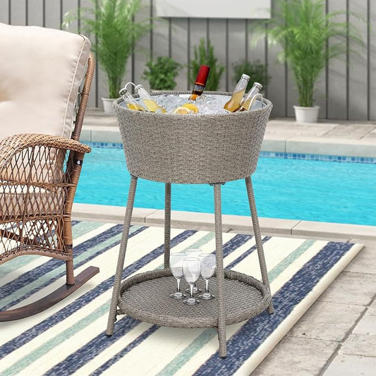 ABBLE Wicker Patio Ice Cooler Table Cool Bar Outdoor Patio Furniture Side Table with Beer and Wine Cooler Grey