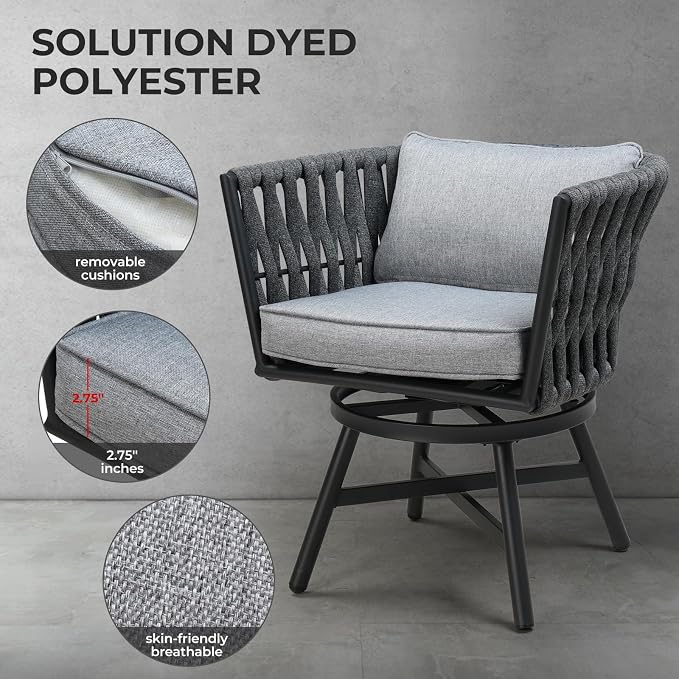 Grand patio 9-Piece Outdoor Dining Set for 8, Patio Dining Furniture Set for 8 Swivel Rope Wicker Chairs & 1 Extendable Rectangular Dining Table, Dark Grey
