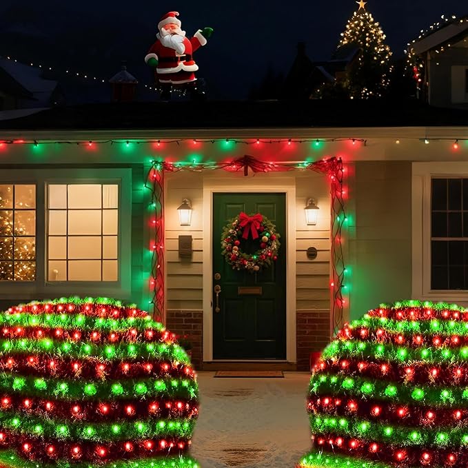 Pooqla Red and Green Christmas Net Lights Outdoor, 21x 5ft Green Wire | 360 LED Large Net Mesh Lights Plug in, 8 Modes Waterproof Connectable Bushes Lights for Christmas Hedge Yard Decor