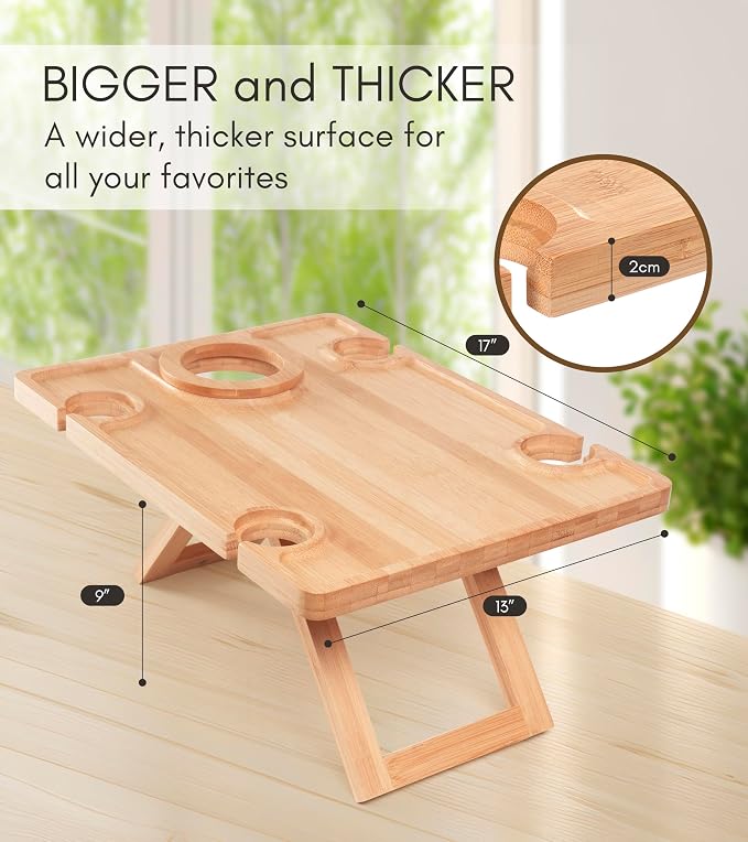Portable Wine Picnic Table - Foldable Bamboo Snack Tray with Glass & Bottle Holders - Picnic Wine Set for Beach, Camping, Park - Gift for Wine Lovers
