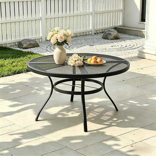 Round Metal Mesh Patio Dining Table for 4, 42" Black Electroplated Steel Outdoor Dining Furniture Table with Umbrella Hole, Rust-Resistant Patio Furniture for Backyard, Porch, Deck