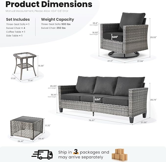 ovios 8 Pieces Patio Furniture Set with Swivel Chairs Rocking Gliders, Outdoor Sofa Couch with Solar Lights Table Comfy Cushions, Modern Deep Seat Wicker Rattan Conversation Set, Black