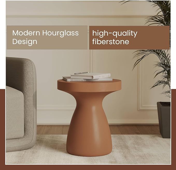 LeisureMod 16” Wide Round Side Table in Fiberstone with Hourglass Pedestal Design for Indoor and Outdoor Use Wisp Collection in Pink