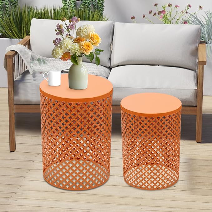 Metal Frame Accent Table,Cylindrical Outdoor Side Table,Decorative Garden Stool,Set of 2 Nesting Side Table,Modern Decorative Garden Stool for Patio Balconies Cafes Parks (2, Orange)