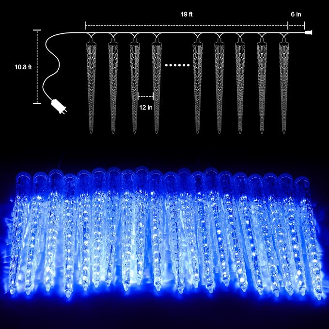 Brightown Icicle Lights Outdoor, 19.8Ft Meteor Shower Lights with 20 Tubes, Snowfall Shooting Star Light Effect, Falling Cascading Crystal Christmas Decorations for House, Eave, Roofline, Patio, Blue