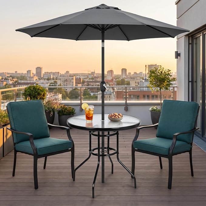 31.5" Round Outdoor Dining Table, Toughened Glass Patio Table with Umbrella Hole for Yard and Garden