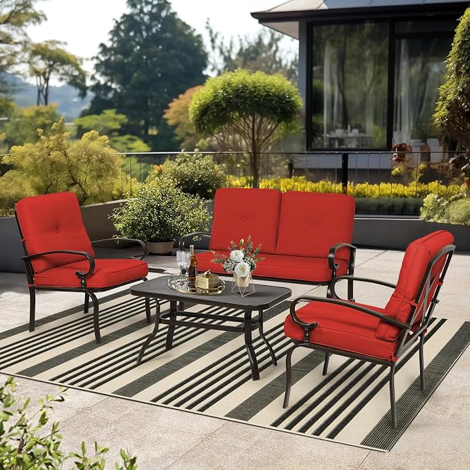 Oakcloud 4Pcs Metal Outdoor Furniture Patio Conversation Set (Loveseat and Coffee Table, 2 Dining Chair) -Wrought Iron Patio Chair Set with Cushions (Red)