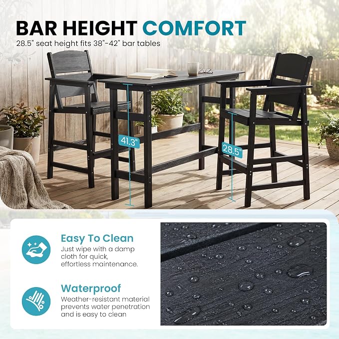 Outdoor Bar Table Set 3 Piece, HDPE Patio Bar Height Furniture Set with 2 Chairs, Small Space Patio Furniture, Weather Resistant Balcony Bistro Set for Garden, Deck, Porch, Premium Black