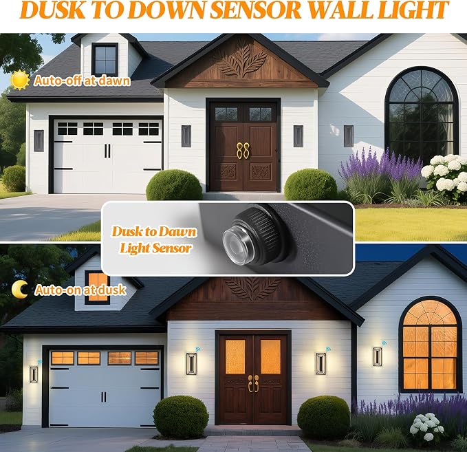 Dawn to Dusk Outdoor Light Fixture,Exterior Wall Light,15.7 in,24 W | 3-Tier Black Modern Outdoor Wall Sconce,Outdoor Lights For House,Front Door, Patio, Waterproof, LED 3000K Warm White, 2 Packs